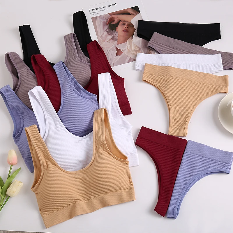 2PCS/Set Underwear Women Set Seamless Bra Set Wireless Bralette Lingerie Sexy High Waisted Panties Cotton Woman Lingerie Set