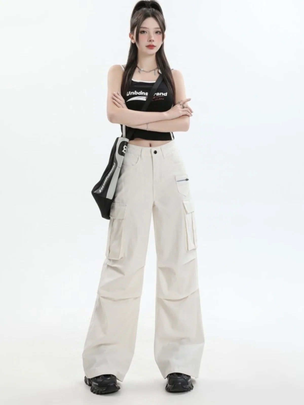 

Off Women's Casual Straight Leg Work Pants Multi-ket Pleated Design Loose Wide Leg Durable Polyester Cotton Blend