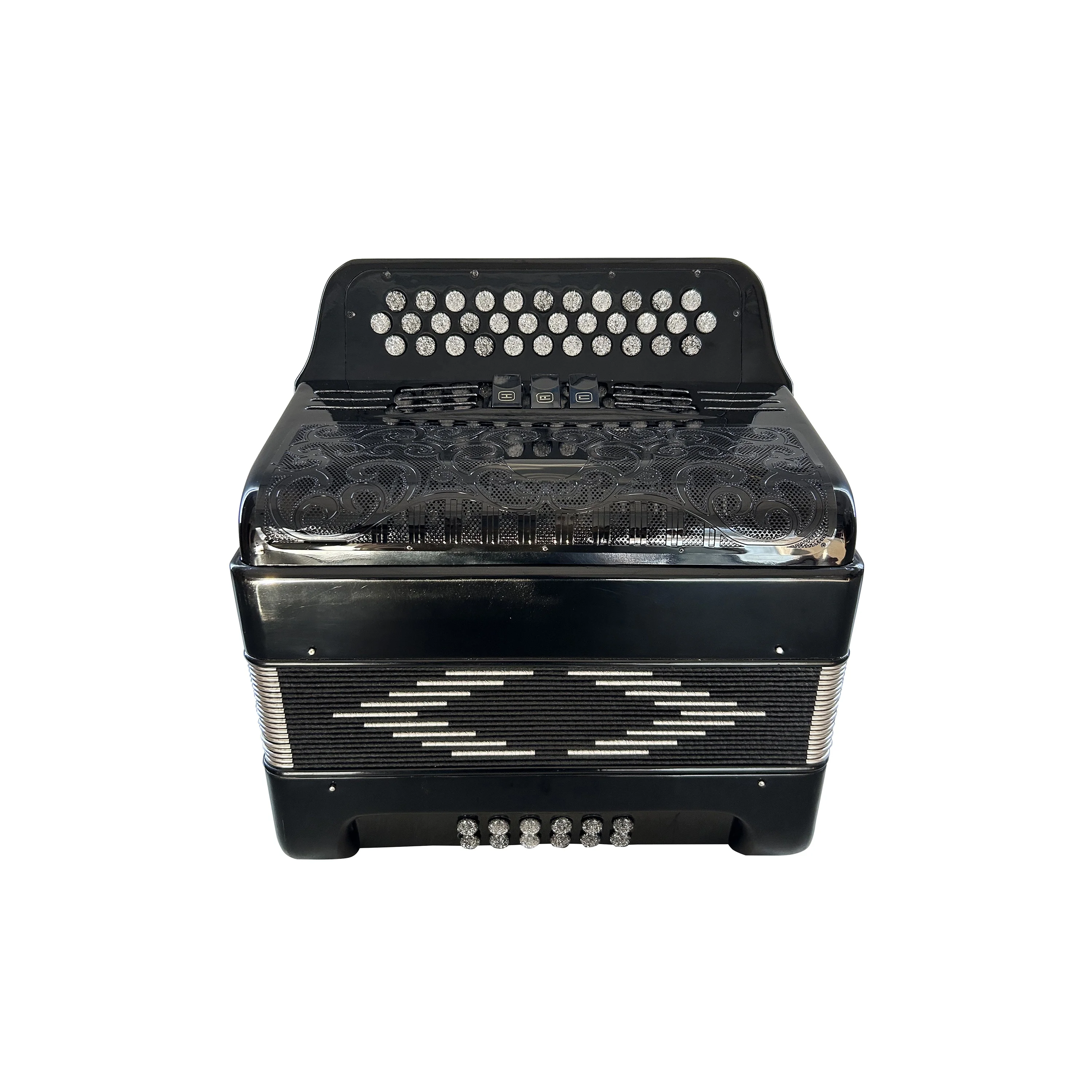 

Профессиональный диатонический аккордеон, 34 кнопки, 12 басов, 3 режима, черный целлулоидный корпус, черный гриль, серебряные кнопки JB3412C