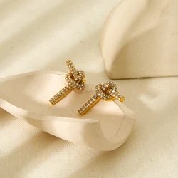 Stylish Stainless Steel 18k Gold Plated Rhinestone Paved Knot Studs for Women Temperament Waterproof Valentine's Day Jewelry