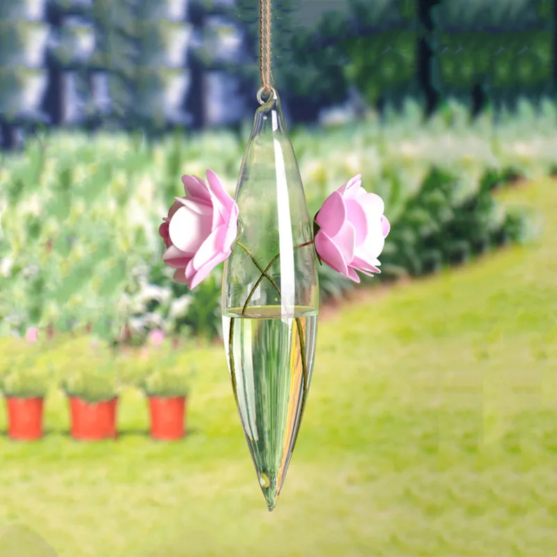 9pcs/pack 7*25cm Cone Shaped Two Small Holes Hanging Glass Terrarium Vase Home Decoration Wedding Party Live Prop Waterplant