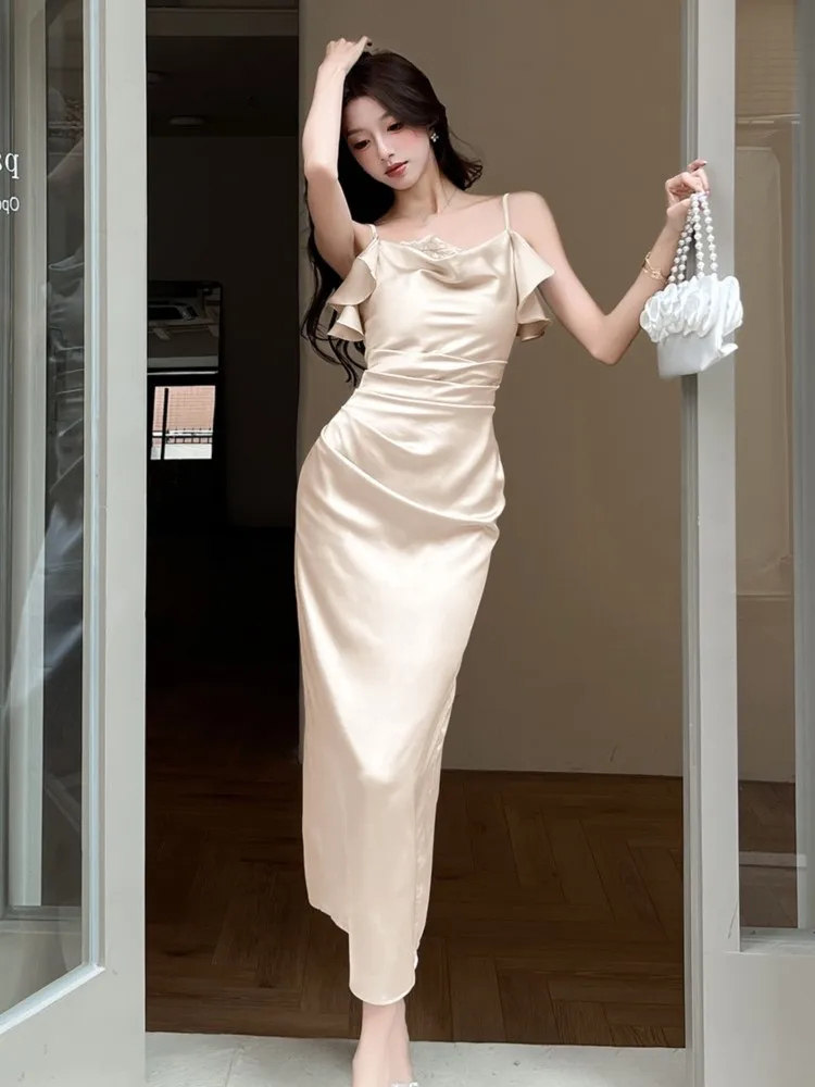 Elegante Vrouwen Swing Kraag Kanten Afwerking Satijnen Spaghetti Jurken Effen Kleur Taille Geplooide Backless Jurk Zomer Vestidos Nieuw