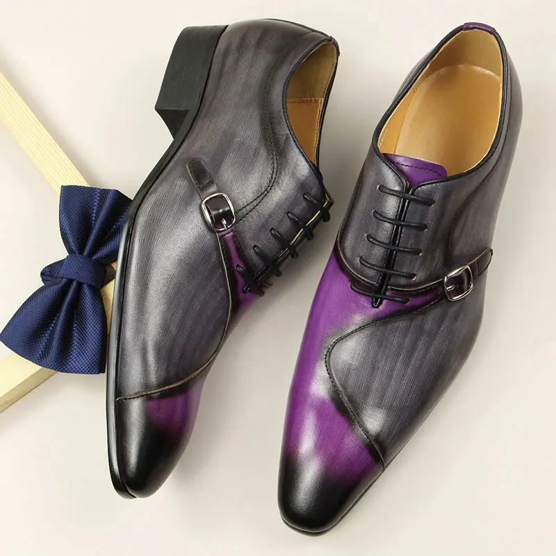 Business Men Shoes Genuine Leather Handmade Fashion Classic Oxford for Male Lace Up Side Metal Buckle Gray Purple Color Matching