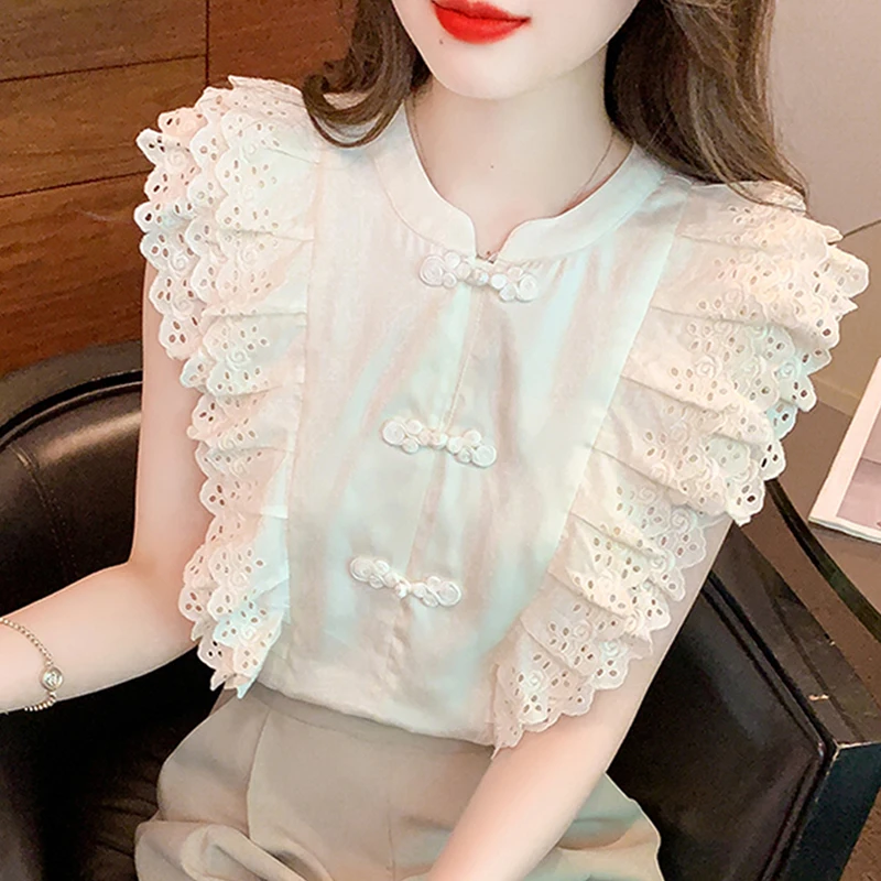 Summer Butterfly Sleeveless Ruffles Blouse Women 2023 Buttons Sweet Hollow Lace Shirt Ladies New Elegant Loose Casual Tops 26994