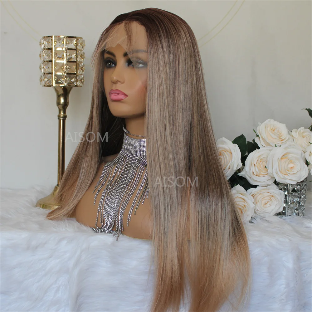 Synthetic Lace Front Wigs Long Straight Ombre Brown Wig Ash maroon Lace Wigs for Women Highlight Synthetic Wig 24