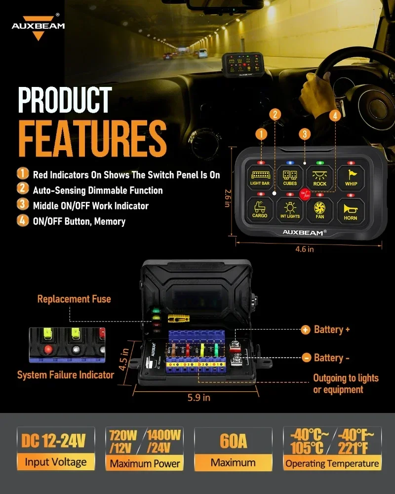 AUXBEAM AR-820 RGB Switch Panel 8 Gangs Electronic LED On-Off DIY for Cars Marine Adjustable Backlight bluetooth APP Control