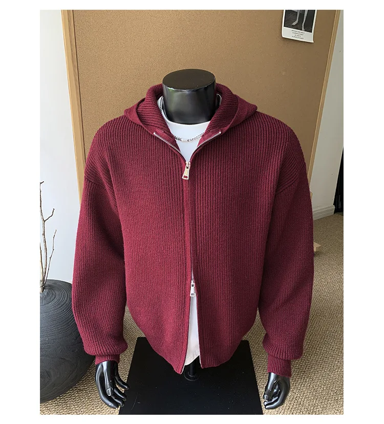 2026 New Autumn Winter Simple Solid Color Knitted Hoodie Men Japan Korean Fashion Casual Loose Double Zipper Hooded Jacket