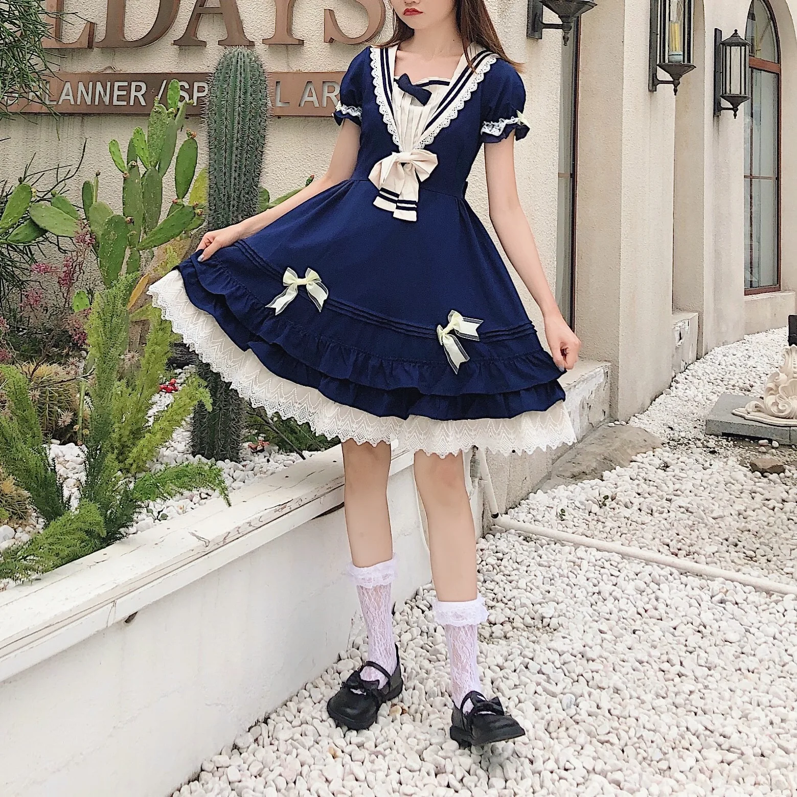 Lolita Lively and Cute lace Bow Dress Summer College Style Princess Dress Sailor Daily Short Skirt