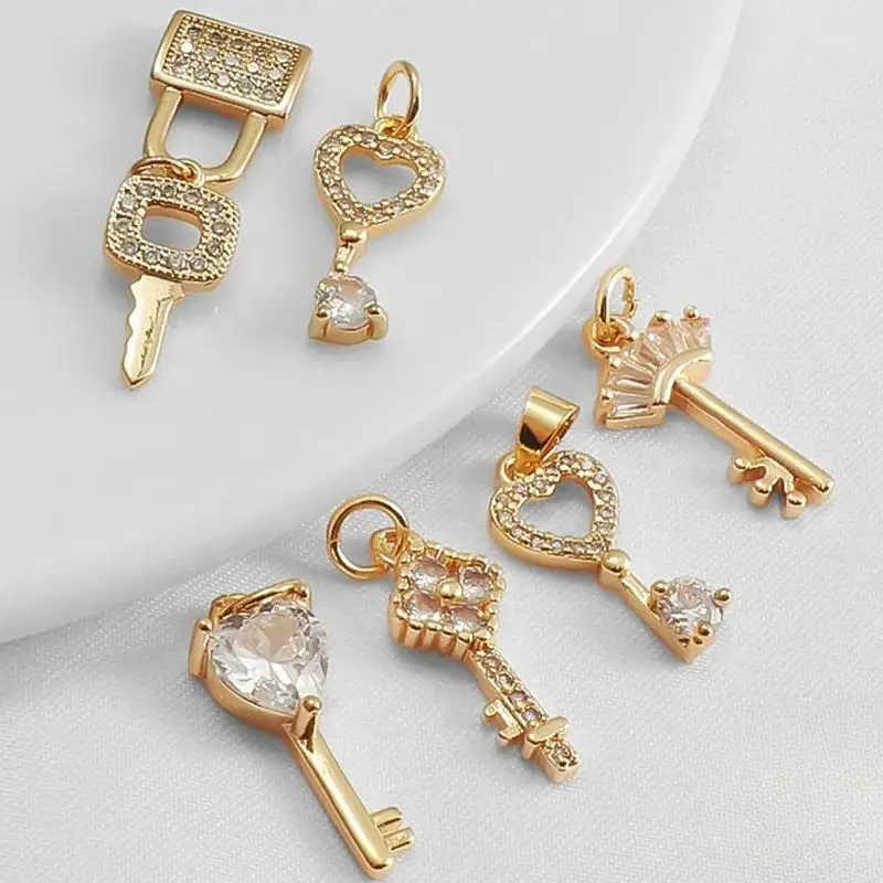 

14K Copper Gold-plated Zircon Flower Ladder Square Zircon Horse Eye Key Pendant Diy Handmade Jewelry Pendant Charm Accessories