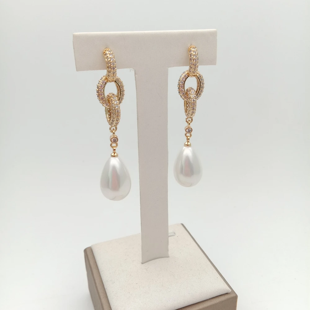 Y·YING Teardrop White Sea Shell Pearl Cz Pave Post Dangle Earrings