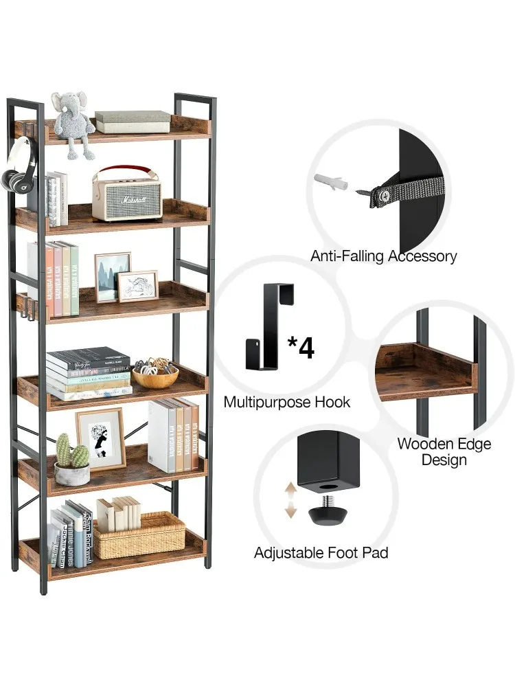 خزانة كتب ذات 6 أرفف على الطراز الصناعي مع 4 خطافات، وحدة تخزين خشبية عتيقة، رفوف ريفية مفتوحة للكتب والديكور #4