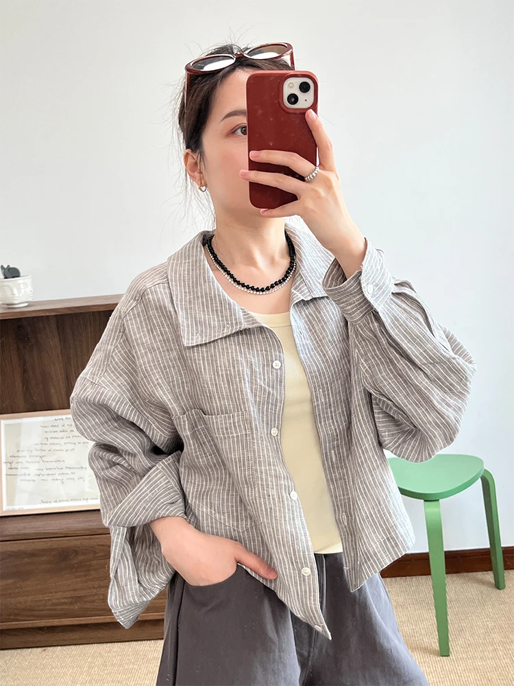 Camisa Corta Wini para Mujer, Diseño Coreano, Lino, Casual, Talla Pequeña, Holgada, de Alta Gama, Manga Larga, Cómoda, con Estampado de Rayas