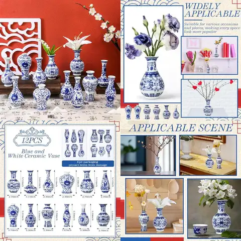 Vintage Handmade Chinese Ceramic Blue and White Mini Vases, 12-Piece Set, Chinoiserie Oriental Design, Christmas Porcelain Bud V