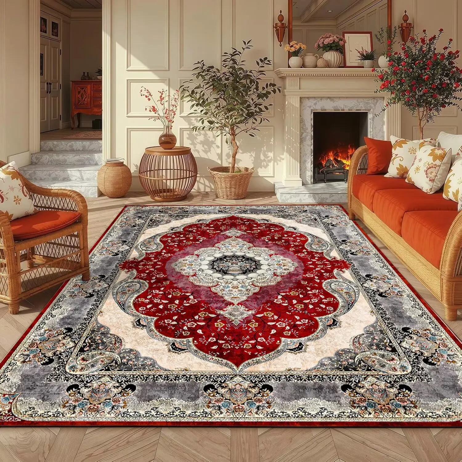 Persian Ethnic Retro Style Living Room Sofa Rug Decoration Bedroom Non-slip Washable Luxury Carpet Easy Cleaning Study Floor Mat