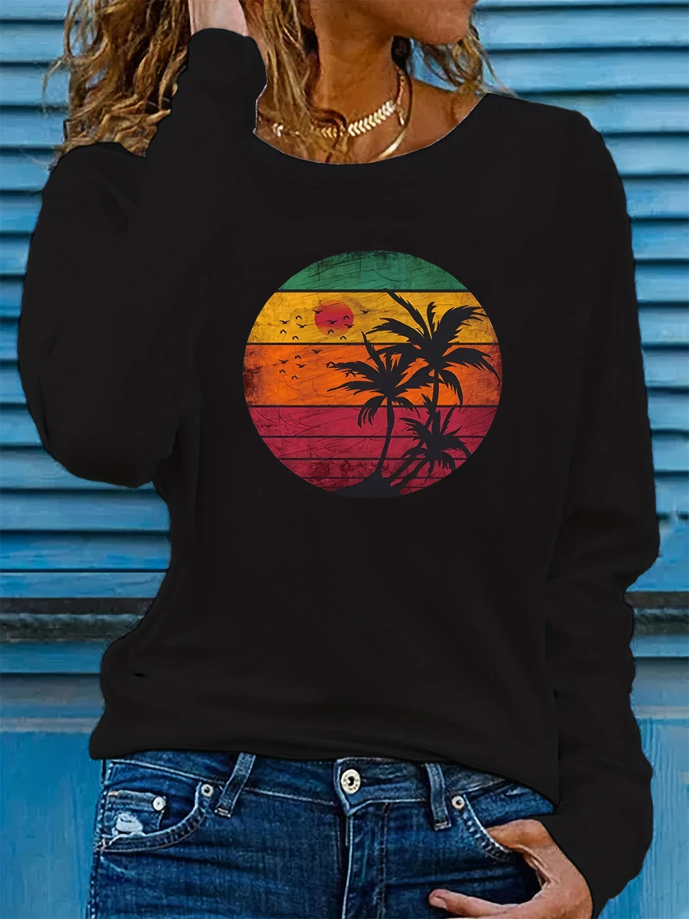 

Женская свободная удобная футболка из 100% чистого хлопка с круглым вырезом и длинными рукавами с круглым вырезом и графическим принтом заката и кокосовой пальмы