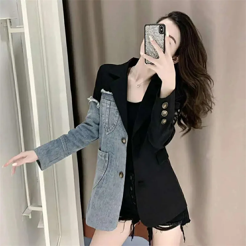 Female Clothing Patchwork Jeans Blazers Lady 2023 Spring Autumn Korean Fashion Slim Coat Outerwear Womens Blazer Coats Tops