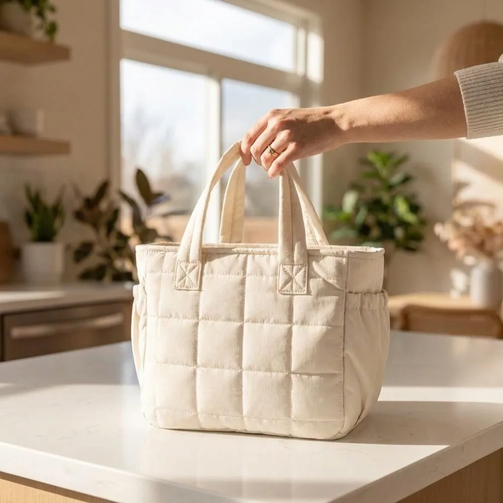 Casual Solid Color Quilted Lunch Bag Thickened Portable Insulated Lunch Tote Durable Waterproof Food Thermal Box Picnic