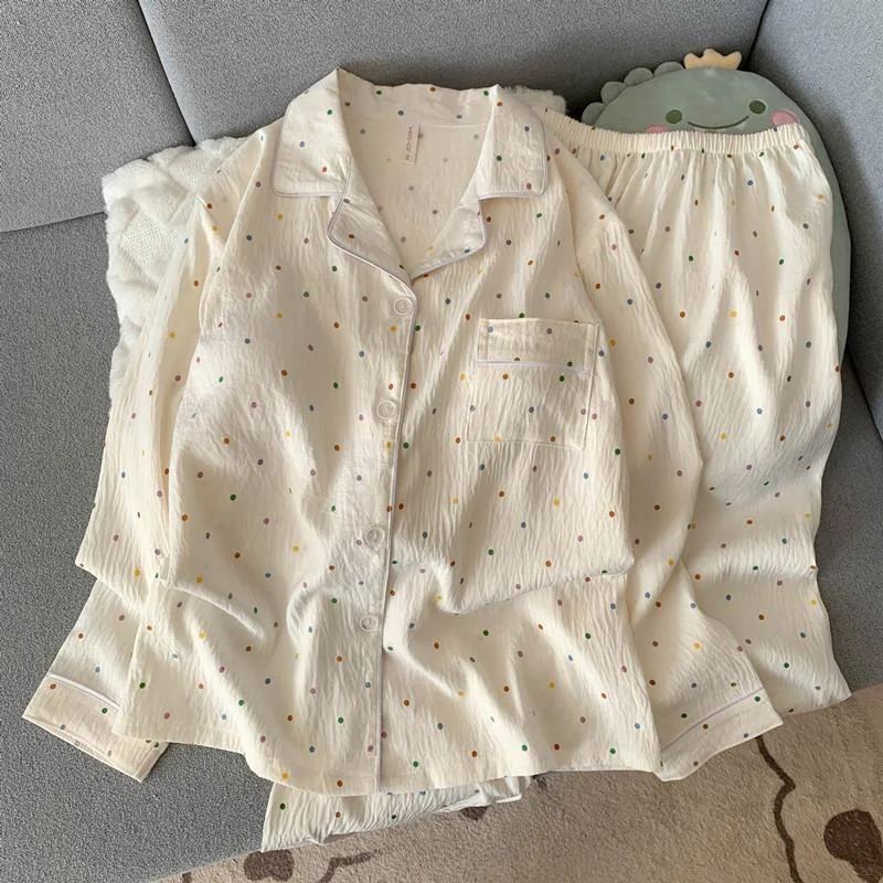 

Cloud Cotton Long Sve Long Pants Spwear Set for Women with Fixed Chest Pad Spring Autumn Open Cardigan Turn Collar Polk...