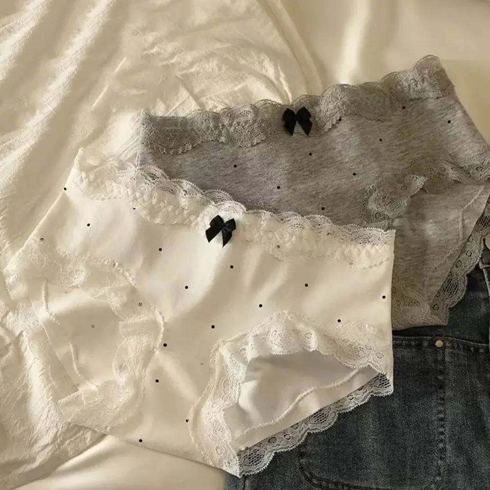 3 قطعة الحلو نقطة الدانتيل Bowknot سراويل منتصف الخصر الحلو سلس ملخصات القطن المنشعب الملابس الداخلية للنساء هدايا