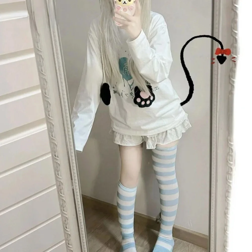 

White Sweet Preppy Style Y2k Aesthetic Loose Tee Shirts Letter Print Japanese Kawaii Cartoon T-shirt Casual Grunge Women Tshirts