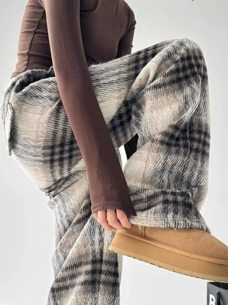 2025 outono inverno xadrez calças de lã para mulheres velo forrado cintura alta drapeado fino vintage grosso casual calças largas perna