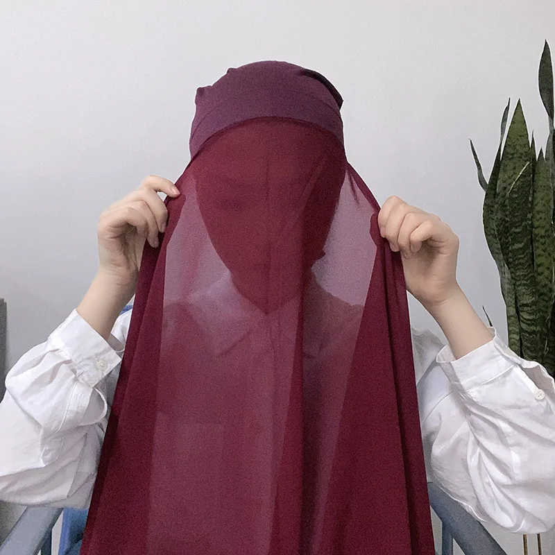 Instant Hijabs With Cap Plain Chiffon Jersey Hijab For Woman Veil Muslim Islamic Hijab Cap Scarf For Muslim Women Headscarf