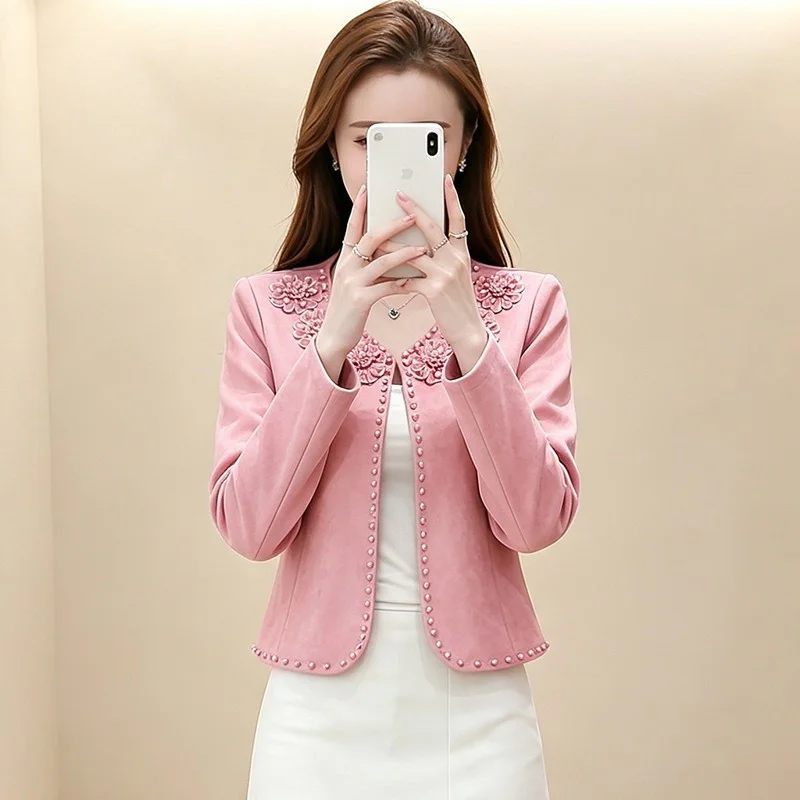 Spring Autumn New Three Dimensional Flower Nail Bead Short Jacket Women Coat Fashion Imitation Suede Slim Suit Top Outerwear