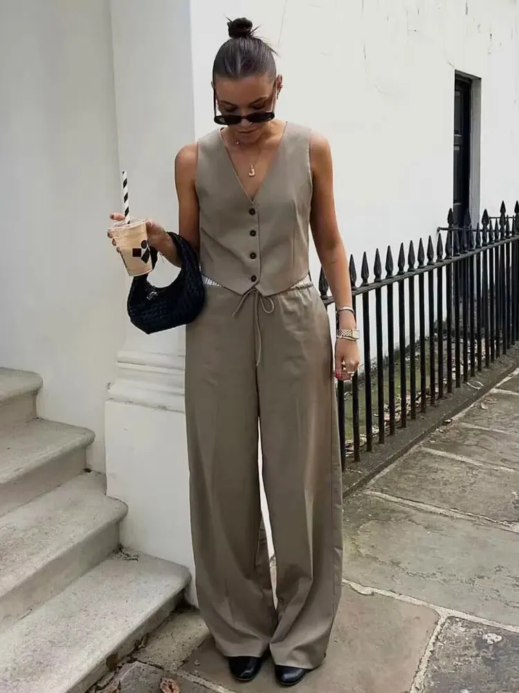 HH Women Solid Causal Pant Sets Single Breasted Vest Tops Elastic Waist Drawstring Trousers Summer Female Fashion Streetwear Set