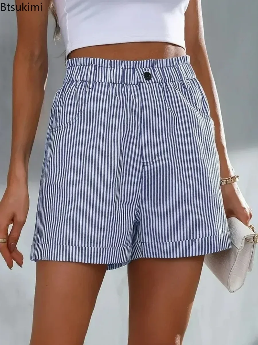 New 2024 Women's Summer Casual Pockets Striped Printing Shorts Loose Summer Pants Shorts for Women Elastic Waist Straight Shorts