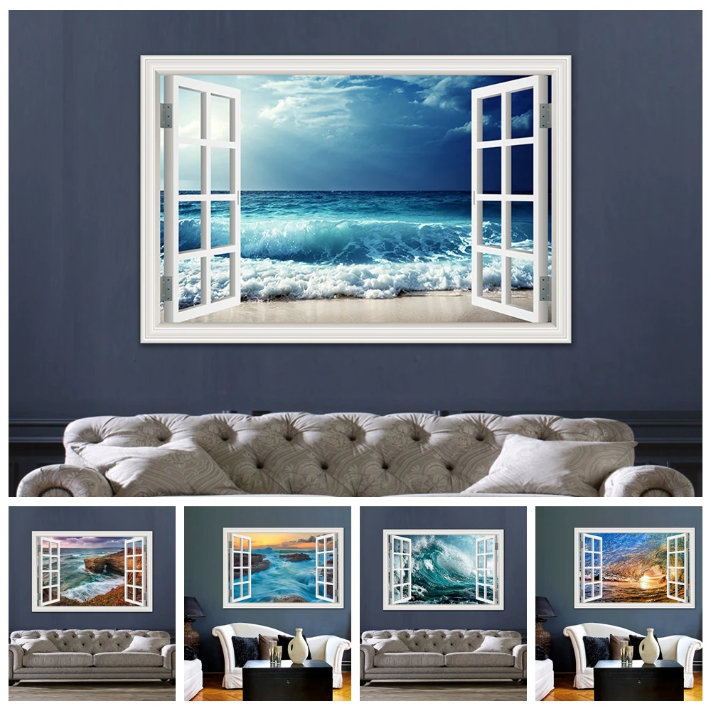 

Объемная большая наклейка на стену, настенные картины для гостиной, ванной, морской волны, морской пейзаж, виниловые обои с окошком, домашни...