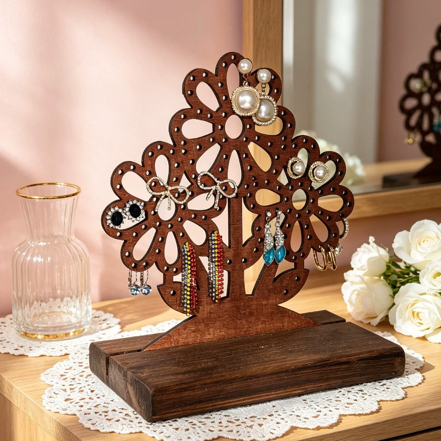 Wooden Earring Display Stand – Vertical Stud & Pin Earring Holder Board, Jewelry Showcase Rack