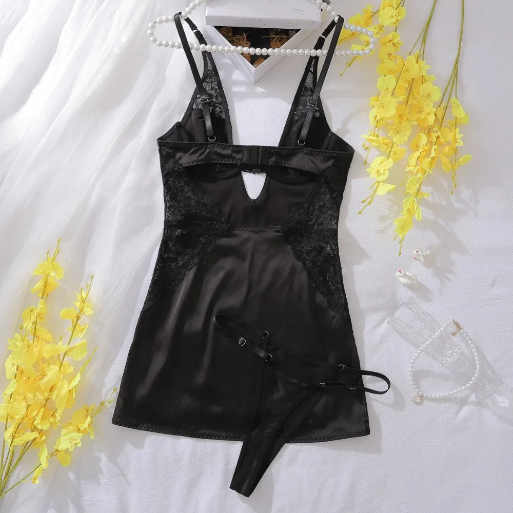 2 Pcs Pajamas and Thongs Set Sexy Hollow Silk Satin Underwear for Women Lace Temptation V-neck Open Fork Tight Sleeping Skirt view 2