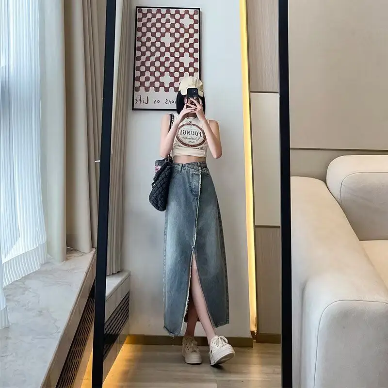 

Women's A-Line Skirt Casual High Waist Denim Thin Loose Fitting Skirts with Slits for Autumn Spring Faion 2026