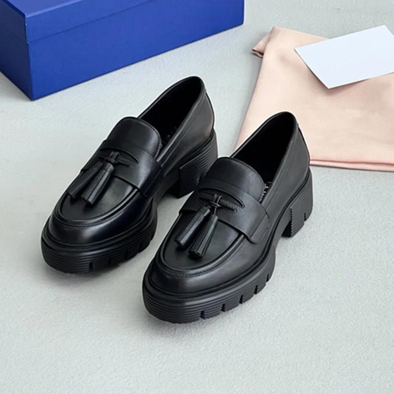 Sepatu Loafer Gaya Akademi Inggris dengan Sol Tebal dan Rumbai, Sepatu Kulit Sapi, Sepatu Moccasin Minimalis, Sepatu Vintage