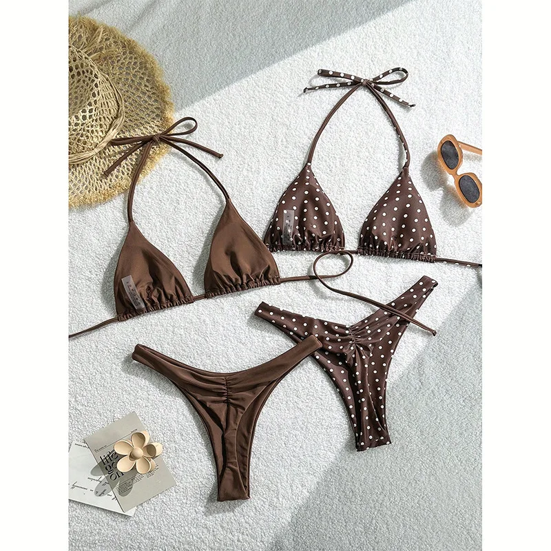 Beach pool party sexy two-piece polka dot triangle bikini set women's swimsuit camisole vest and thong