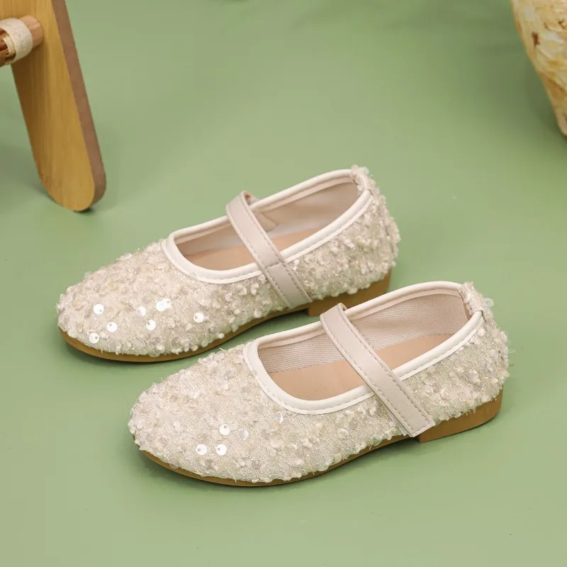 Spring Autumn Princess Flats for Little Girls Pearl & Rhinestone Decor Leather Shoes, Soft Sole Comfort Kids Dress Footwear