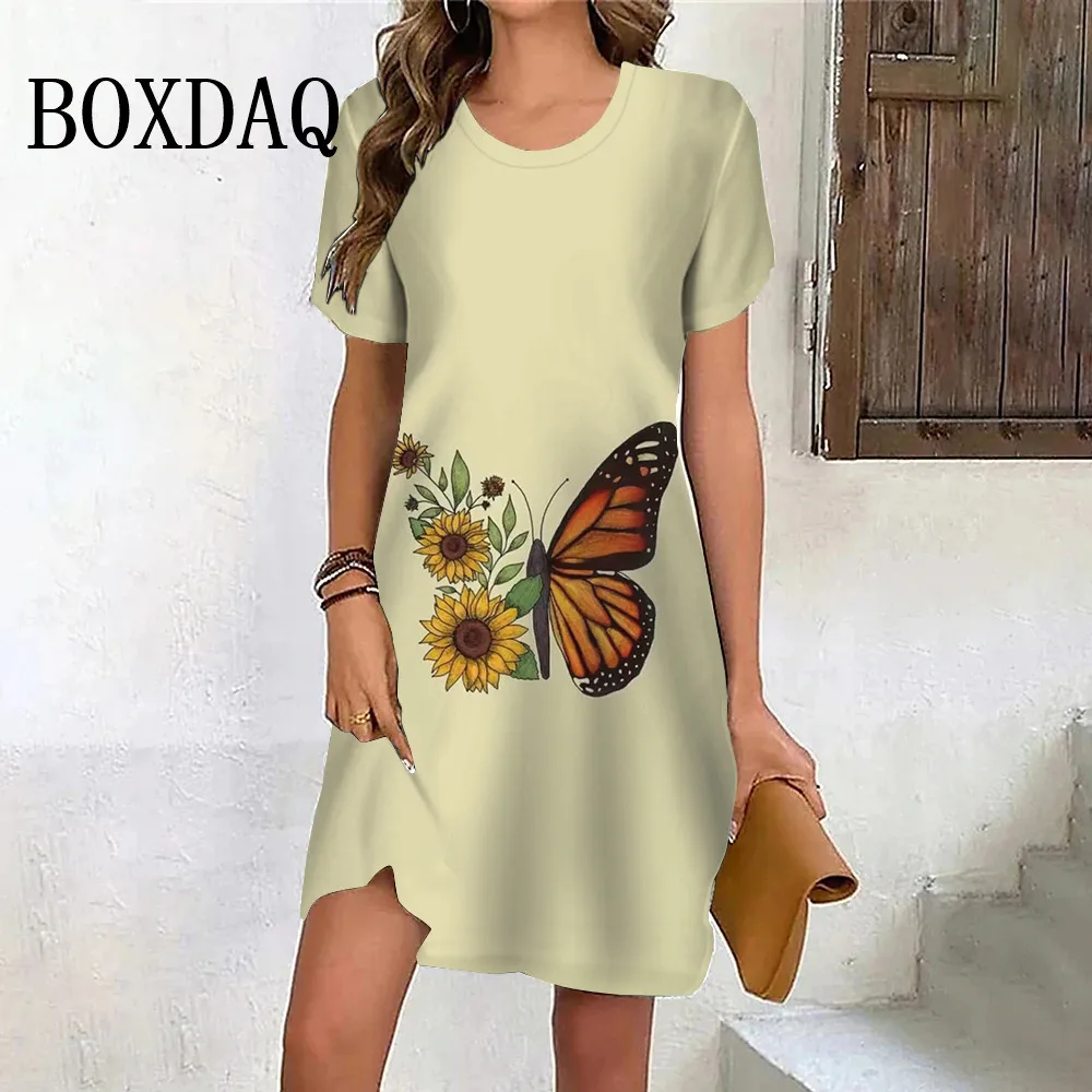 Summer Sweet Butterfly Sunflower Dress Sundress Loose Print Women Mini Dress Short Sleeve Casual O-Neck Ladies Clothes