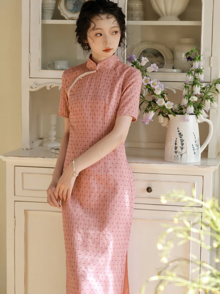 

Daily Wear Retro Chinese Sle New Medium Length Improved Qipao Raspberry Love Village Dr Cotton Breathable ort Sve