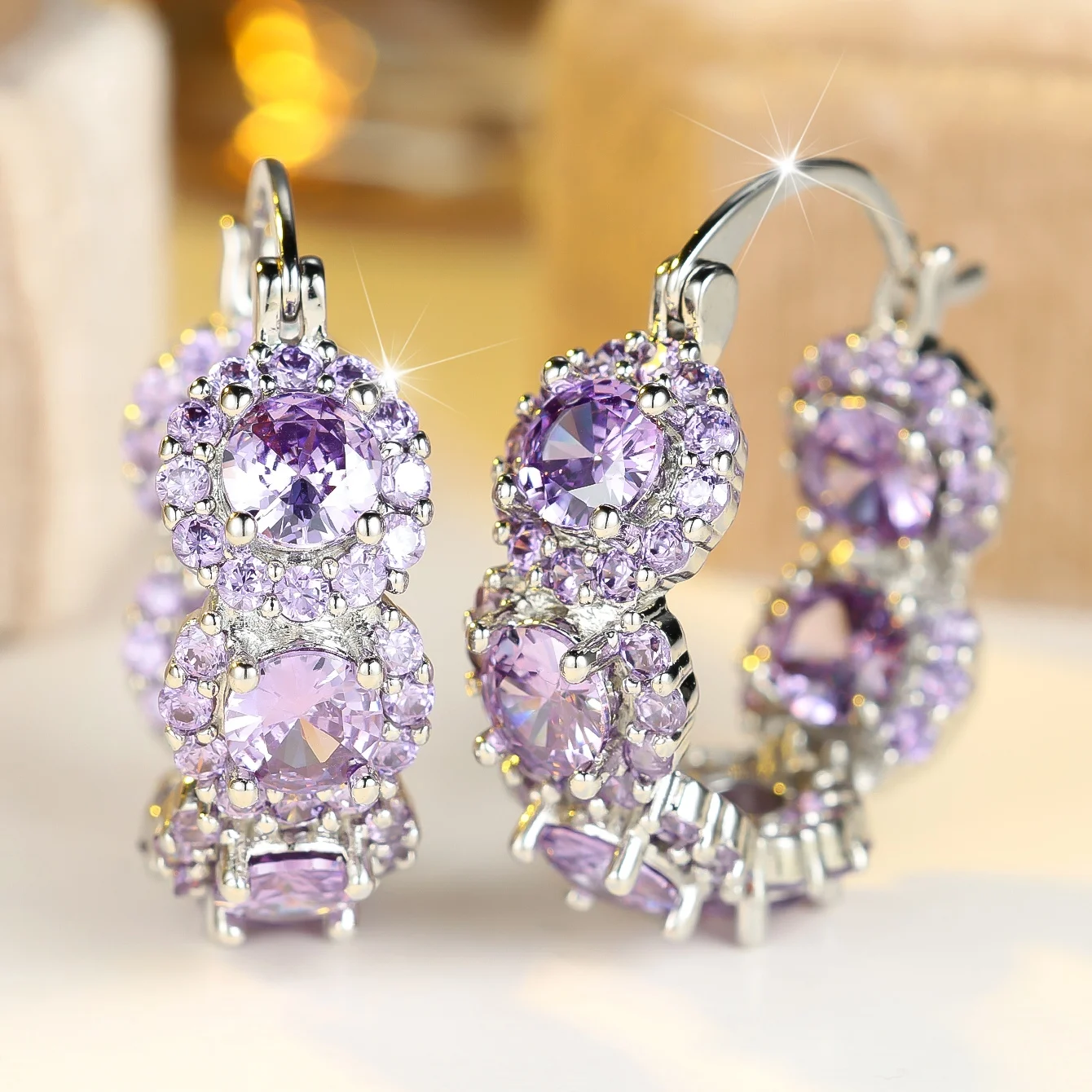 Crystal White Purple Zircon Stone Round Hoop Earrings For Women Vintage Silver Color Wedding Jewelry