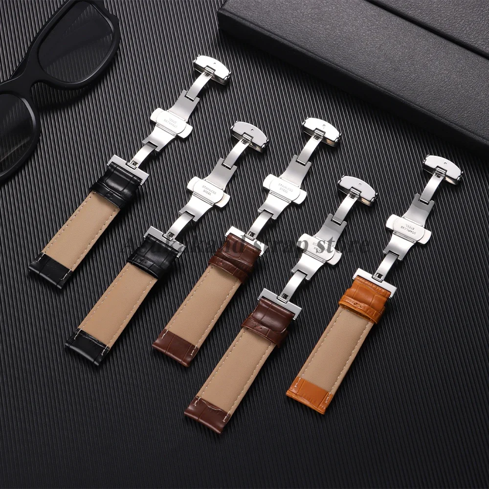 14/18/19/21mm Genuine Leather Watchstrap 18mm 20mm 22mm 24mm for Omega for Seiko Vintage Leather Men Butterfly Buckle Watch Band