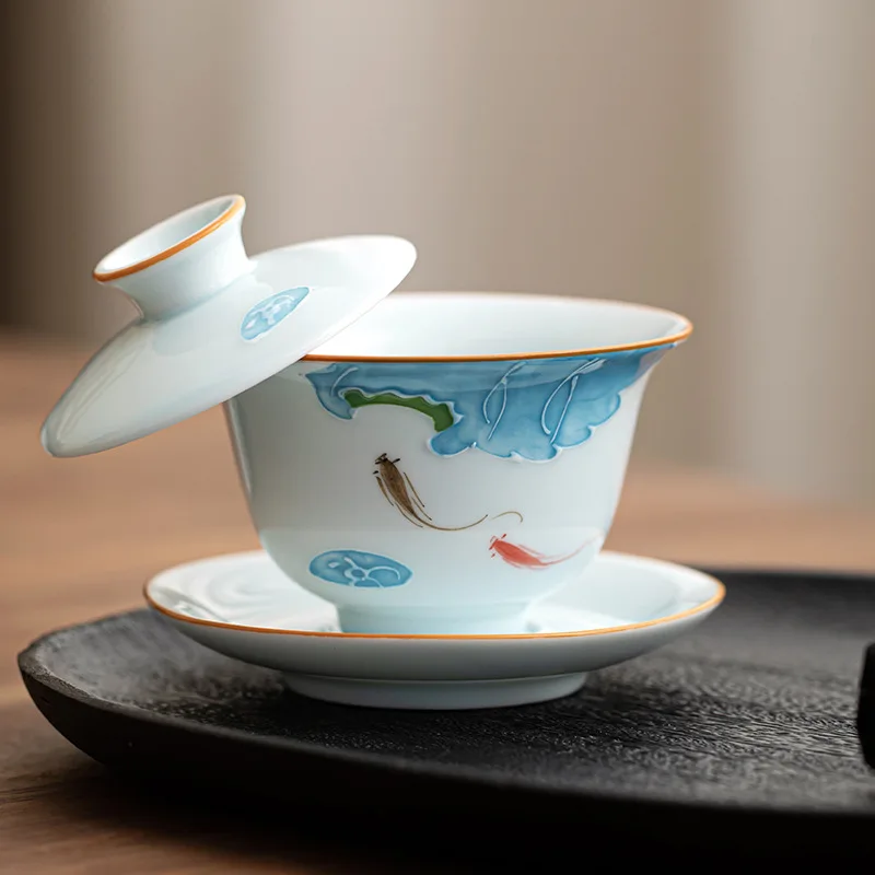 Shadow Blue Overglaze Hand Painted Suspended Sancai Gaiwan Heat Resistant Kung Fu Tea Bowl Household Tea Room Holiday Gift
