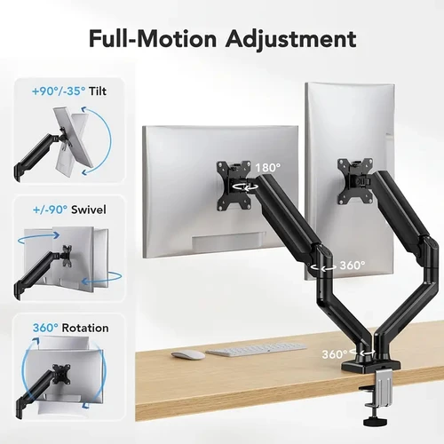 Soporte de monitor dual para pantallas de 13′′–32′′, soporte de monitor dual ajustable, con 180 °   Giratorio, Inclinable, 360 °   Rotación para la oficina en casa