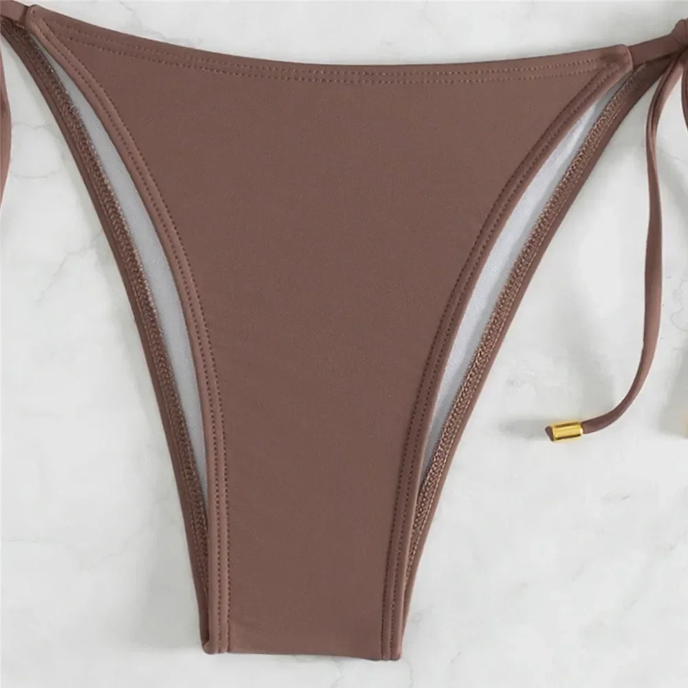 Brown Swimwear String Halter Bandeau Bikinis Sets Micro Thong Sexy Swimsuit Women Back Knotted Bathing Suit Bikini Mujer 2025