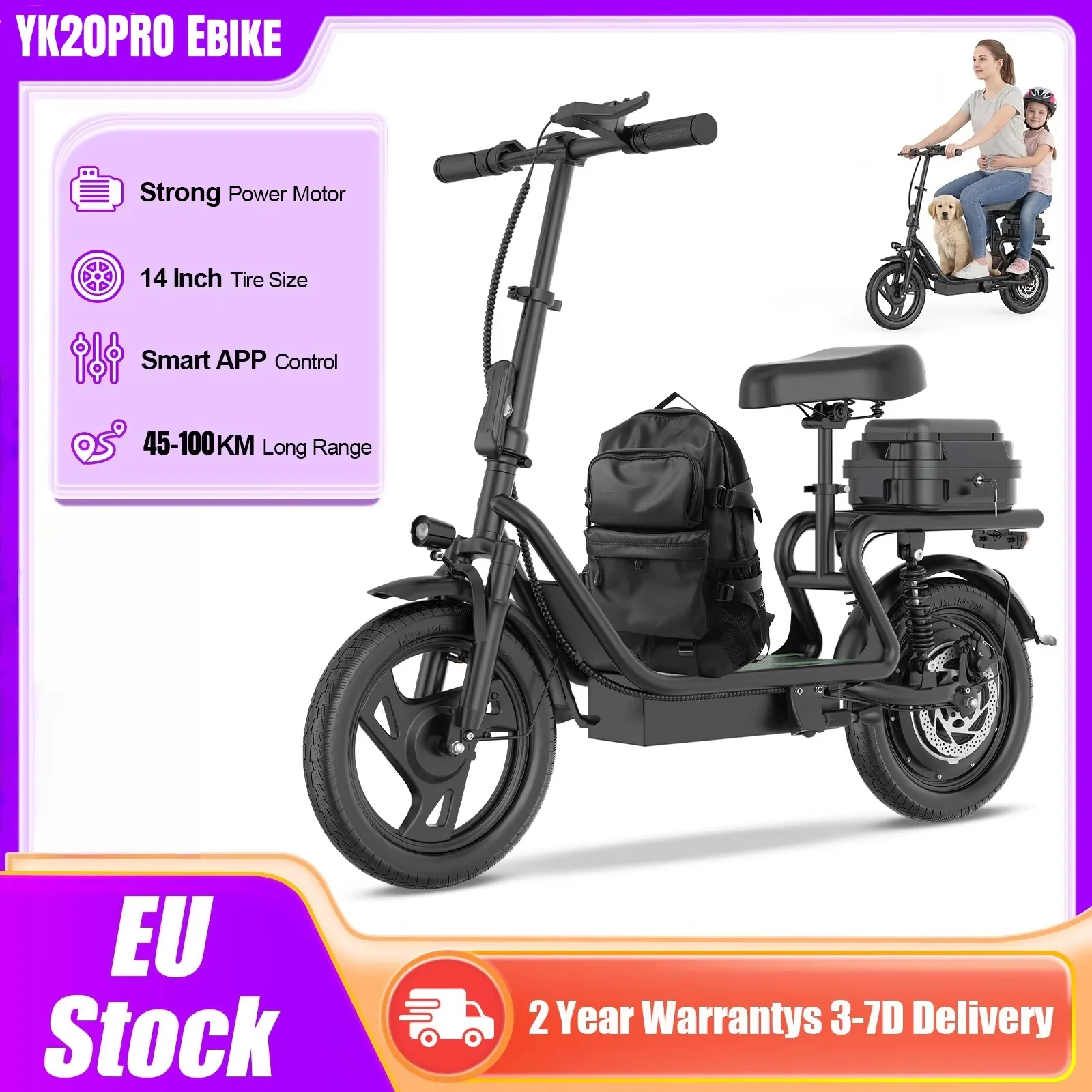 2026 Upgrate AOVOPRO YK20/Y20 PRO elektrische fiets met opbergtas 38-98KM bereik Topsnelheid Draagbare elektrische fiets Ebike 14 inch off-road bandenmaat