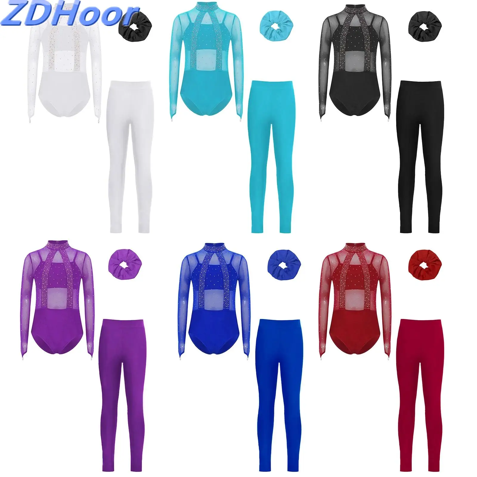

Kids Girls Patchwork Mesh Dance Outfits Shiny Rhinestones Sheer Bodice Leotard with Straps Camisole Leggings And Hairband