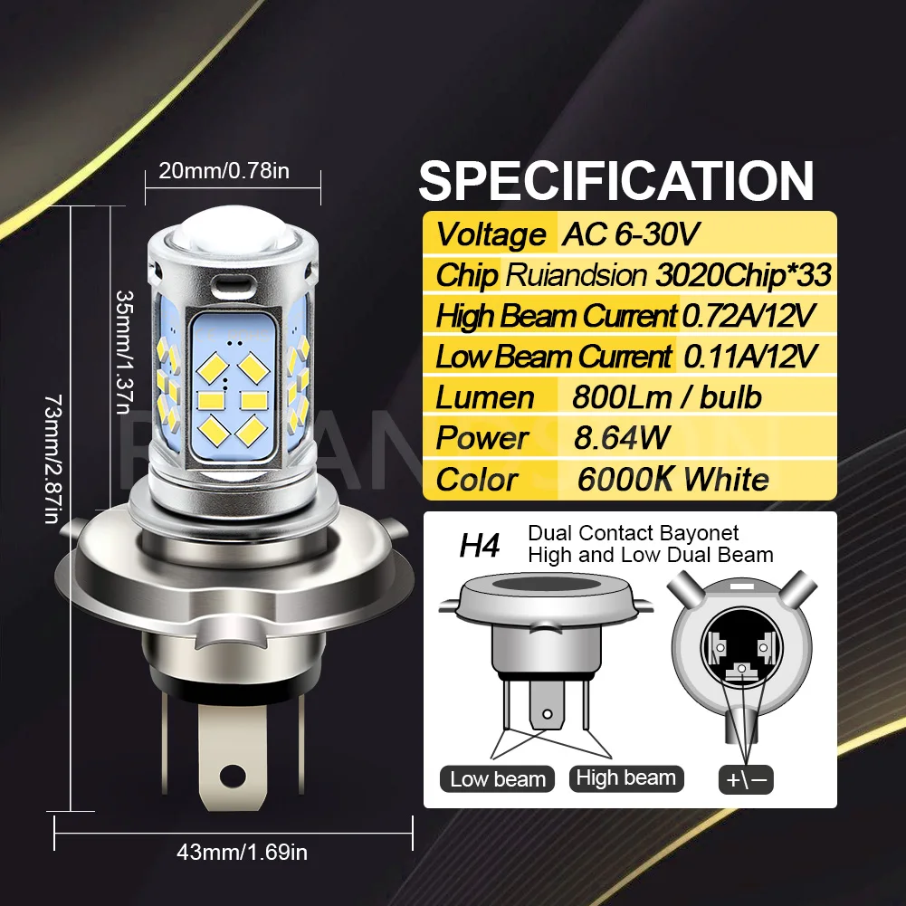 H4 9003 HB2 Motorcycle LED Headlight Bulb P45T LED 6-30V 6000K Hi/Lo Beam Super Bright for Honda Suzuki Scooter Moped 12V 24V