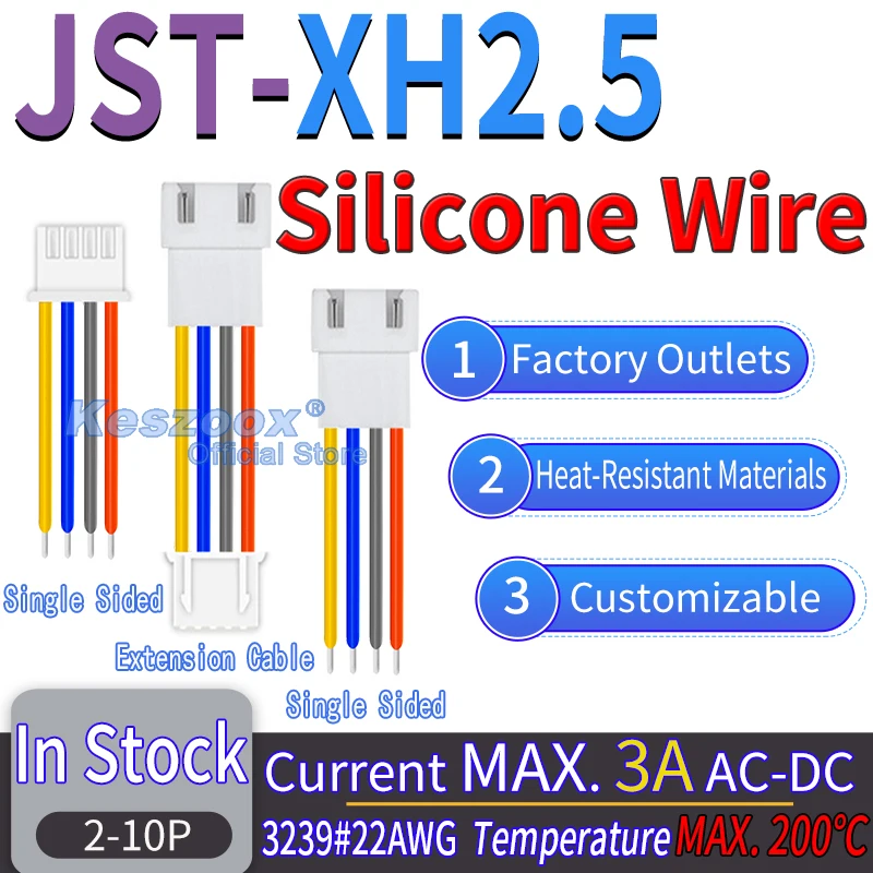 JST XH 2.5mm Extension Wire Connector Kit, 2-12 Pin Silicone Terminal Block with 22AWG Copper Cable for DIY Electronics