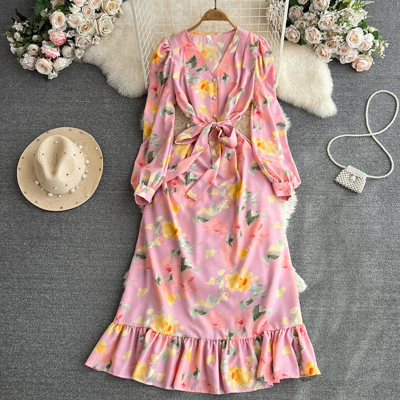 Abito lungo Vintage da donna con stampa floreale primavera autunno elegante scollo a v manica a sbuffo monopetto con orlo a balze Maxi abito a sirena