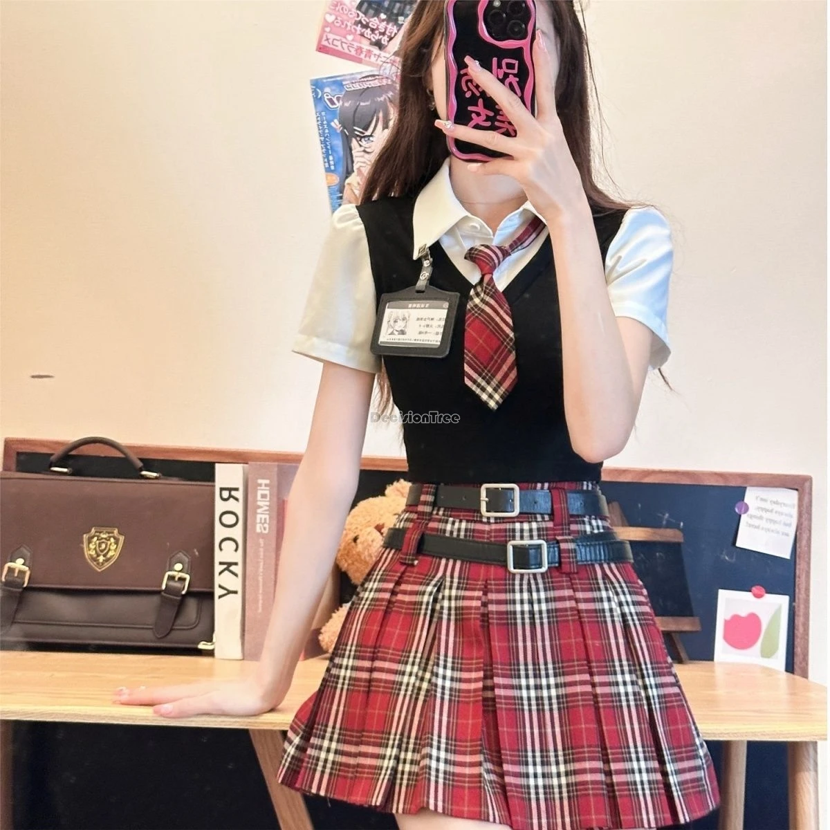 

2024 japan korea preppy suit women's summer improved jk uniform short sleeve top pleated plaid skirt two-piece daily set w932