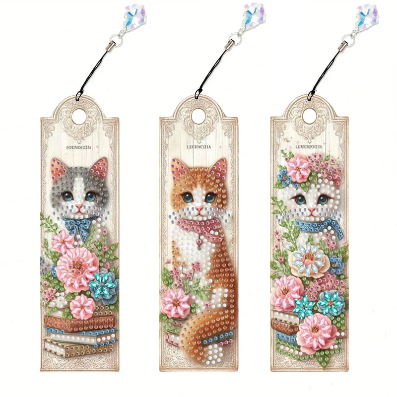 3 DIY-Katzen-Diamantkunst-Lesezeichen für Anfänger, Acryl-Lesezeichen und Kristallanhänger als Geschenke für Freunde, Bücher und Notizen